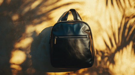 Black leather bag on the wall with shadow of palm leaves. Copy space.の写真素材