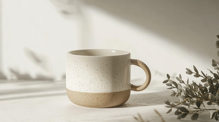 Coffee cup on the table in the morning light with copy space