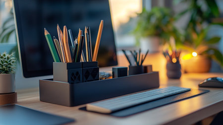 Close up of creative designer desktop with computer and stationery items.の写真素材