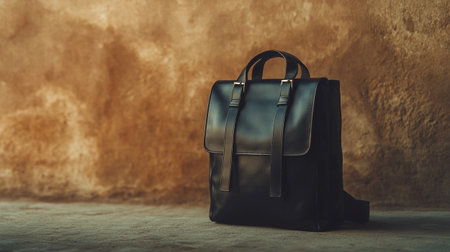 Black leather briefcase on the floor with grunge wall background.