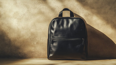 Black leather backpack on wooden floor with textured wall background. 3D Renderingの写真素材