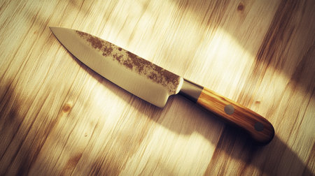 Kitchen knife on wooden cutting board with hard shadow. Toned.