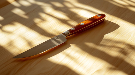 Kitchen knife on wooden table with shadow. Top view with copy space