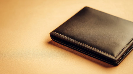 Black leather wallet on a yellow background. Business and finance concept.の写真素材