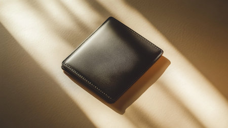Black leather wallet on a light background with shadows from the sun.