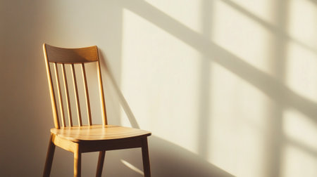Wooden chair on the white wall background with sunlight. Minimal style.の写真素材