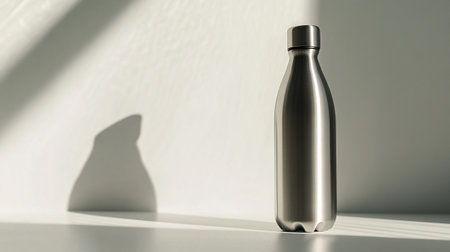 3d render of a metallic water bottle with shadow on the wallの写真素材