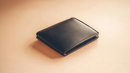 Black leather wallet on a beige background. Selective focus.の写真素材