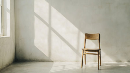 Wooden chair on concrete floor with sunlight from window, stock photoの写真素材