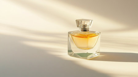 Perfume bottle on a white background with shadows from the sunの写真素材
