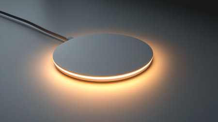 A 3d render of an illuminated led lamp on a grey background