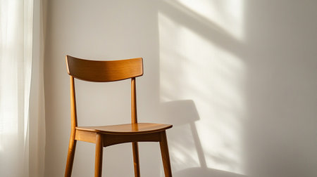 Wooden chair on a white wall with shadow from the window.の写真素材