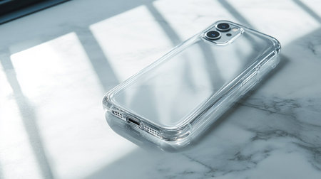 Smartphone case on white marble table with shadow from sunbeam.