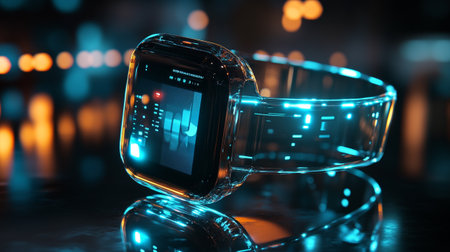 Smart watch with blue screen on a dark background. 3d renderingの写真素材