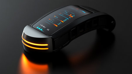 Modern fitness tracker on black background. 3d illustration. Selective focus.