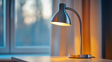 Close up of a modern lamp on a table in front of a window