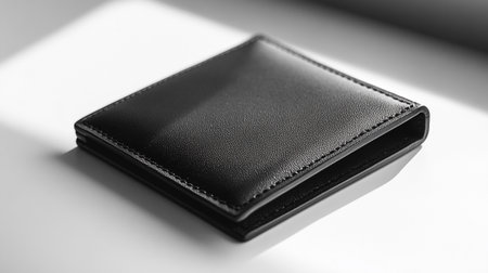 Black leather wallet on a white background. Black and white photo.