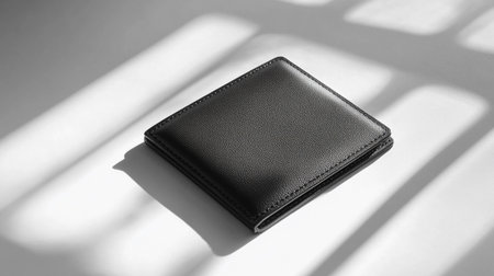 Black leather wallet on a white background with shadows from the window.