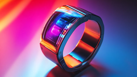 Wristwatch with led light on blue and purple background, closeup