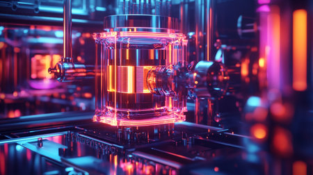 3D rendering of a scientific glassware in a laboratory with glowing lightsの写真素材