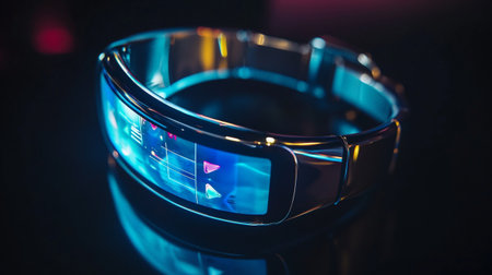 Futuristic virtual reality device on a black background.の写真素材