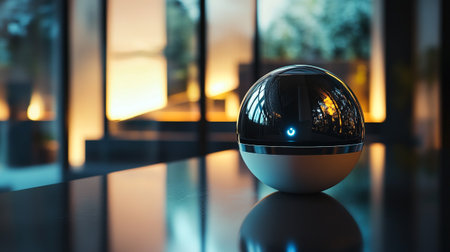 Digital composite of 3D image of black and white sphere against windowの写真素材