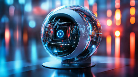 3d rendering of cyber globe on dark background with bokeh lightsの写真素材