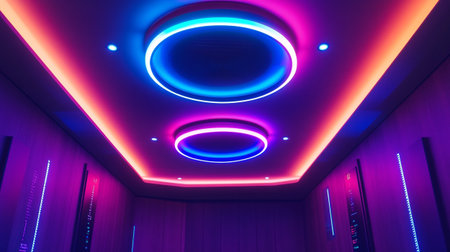 Purple and blue neon lights on the ceiling. 3d renderingの写真素材