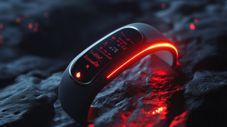 Fitness tracker with red neon light on dark background. 3D rendering