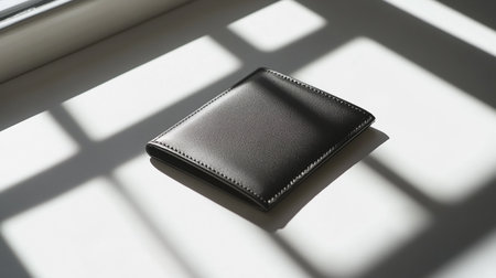 Black leather wallet on the window sill in the morning light with shadow