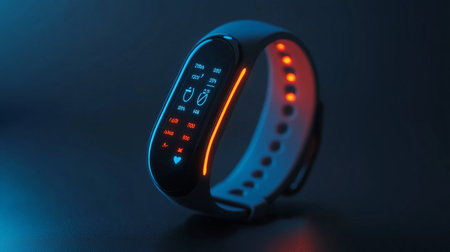 Futuristic smart watch with blue screen and red led light.の写真素材