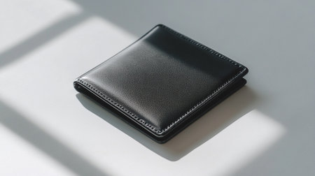 Black leather wallet on a white background with shadow from the window.