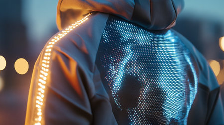 Man in hoodie with glowing lights on background of night city.の写真素材