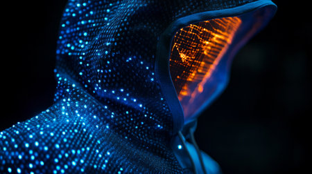 Hooded computer hacker with glowing neon light. 3D Renderingの写真素材