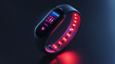 smart watch with heart rate monitor and red led light on dark background