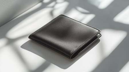 Black leather wallet on a white background with shadows from a window.の写真素材