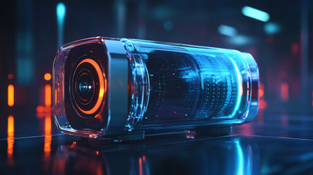 3d illustration of projector in neon light. 3d rendering.