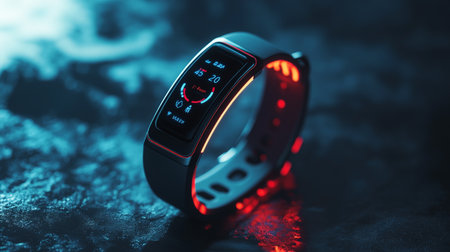 Fitness tracker on dark background. Fitness tracker with red glow.