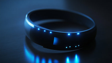 Futuristic smart watch with blue led lights on a dark background