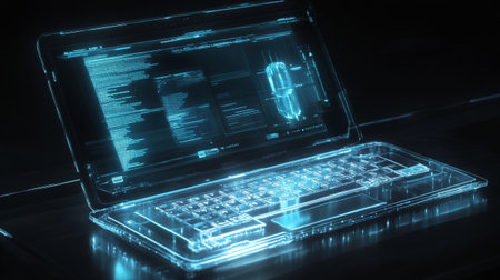 Cyber security concept with laptop and binary code. 3D Renderingの写真素材
