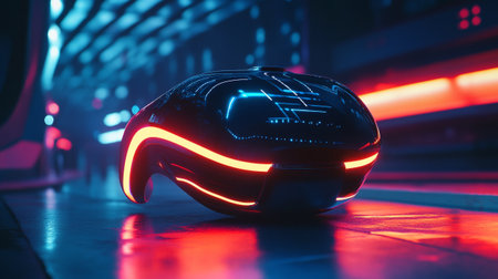3D rendering of a futuristic object in the dark with neon lights.の写真素材