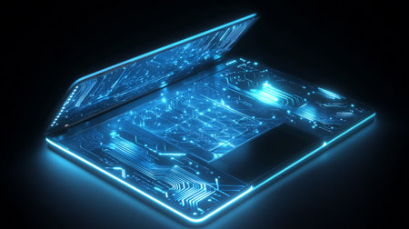 Futuristic laptop with blue neon lights on dark background 3D renderingの写真素材