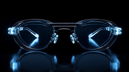 Glasses with blue lights on a black background. 3d rendering