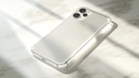 Smartphone with white screen on white marble table. 3d render