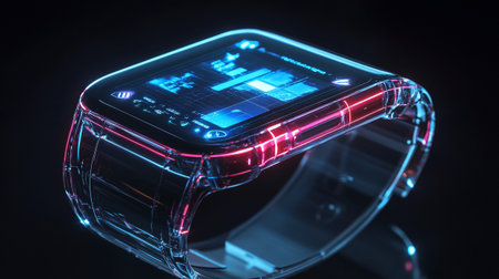 Futuristic smart watch with blue neon lights. 3D renderingの写真素材
