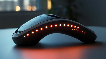 Wireless headphones with led light on table in room, closeup