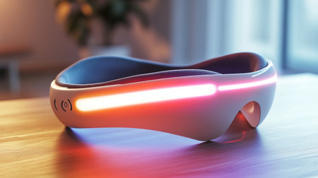 Virtual reality glasses on the table. 3d render. Neon light