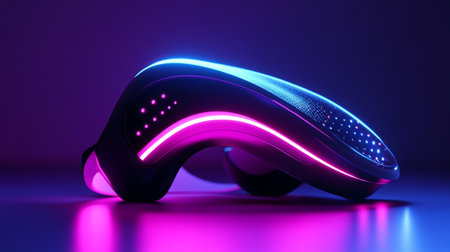 Virtual reality headset with blue neon lights on purple background. 3D rendering