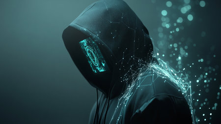 Hooded hacker with glowing digital binary code on dark background 3D renderingの写真素材