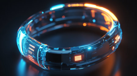 Futuristic bracelet with blue neon lights. 3D rendering.の写真素材